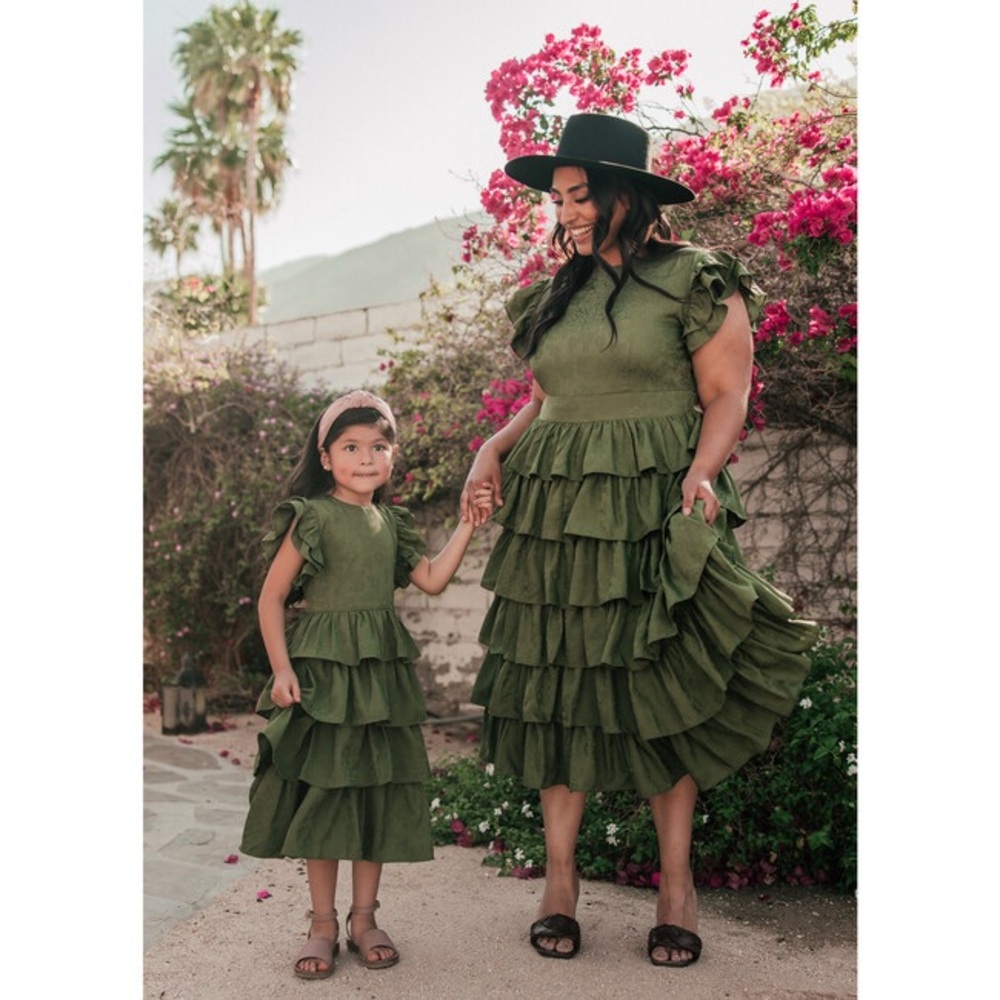 JessaKae Olive Green Tiered Ruffle Midi Dress